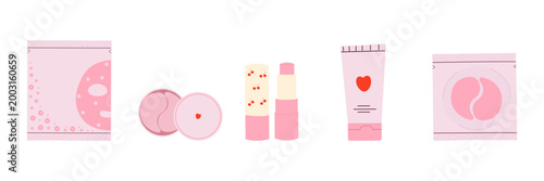 A vector illustration of a cute pink skincare and cosmetics set, including a sheet mask, hydrogel eye patches, lip balm, and cream in a tube. Perfect for designs about self-care, beauty routines