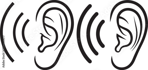 Two outline ears with sound waves black and white listening communication illustration comparison reception perception acoustic frequency vibration information notification conversation