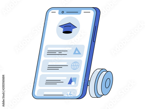 Smartphone showing online learning app vector illustration. E-learning, digital education, mobile study, academic success, remote training, distance learning. Mobile phone with educational platform