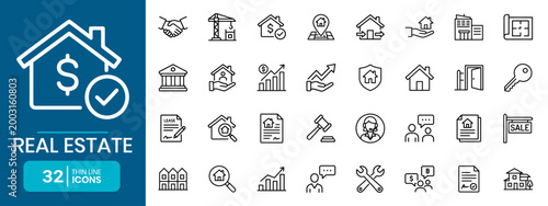 Real Estate Web Thin Line Icon Set Minimal Stroke Width House Apartment