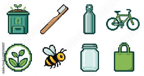 Pixel art icons representing eco-friendly lifestyle choices and nature elements