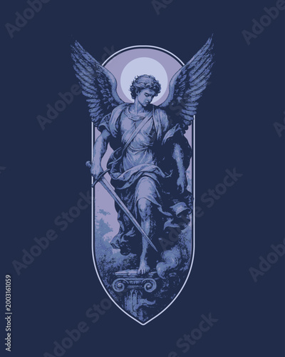Quadro su tela Archangel Michael with Sword Vintage Engraving Style Illustration Sacred Warrior Angel