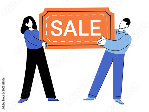 Man and woman holding orange sale banner vector illustration. Retail marketing, seasonal promotion, shopping discounts, business offer, consumerism, clearance. Couple with promotional board