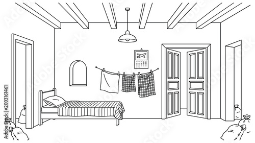 Line art of cozy rustic bedroom interior with single bed wooden ceiling and decor elements.