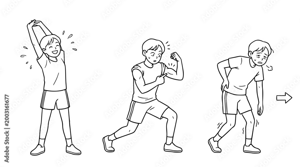 Fototapeta premium Young Athlete's Training: Warm-Up, Flexing, Fatigue - Cute Sketch