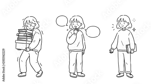 Cute character showing struggles and triumphs in daily tasks via line art.