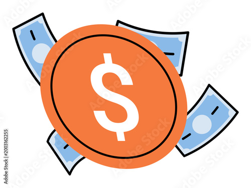 Gold dollar coin and blue banknotes vector illustration. Financial growth, banking services, wealth management, savings account, payment methods, economy. Currency symbol and paper money