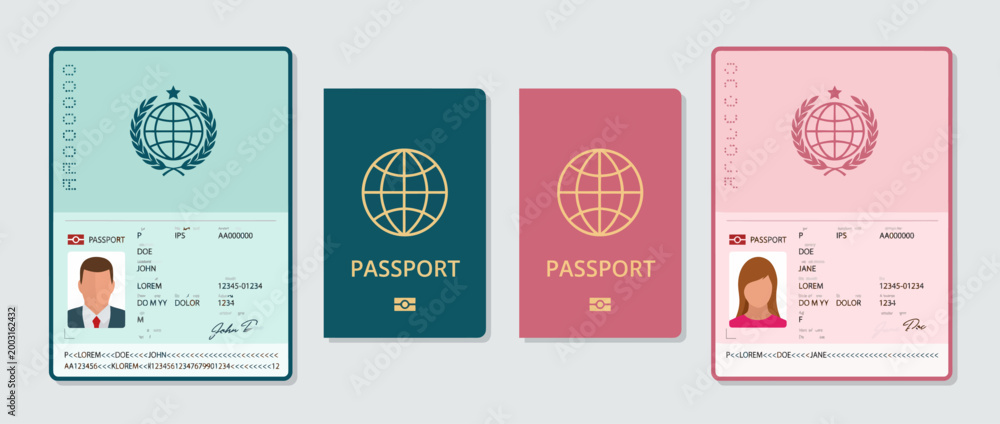 Naklejka premium This image showcases elegant travel passports in varying colors, symbolizing international travel, adventure, and the excitement of exploring new cultures and destinations.