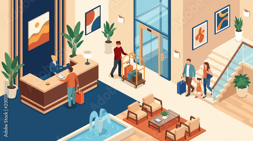 Картината върху платно A luxury hotel lobby features a welcoming reception desk and a bellboy assisting guests with luggage, displaying elegance and comfort in a serene environment