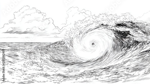 Intricate Black and White Illustration of a Spiraling Ocean Wave