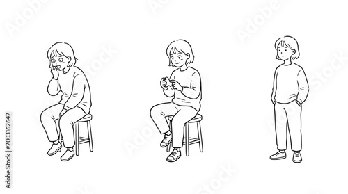 Cute character sketch showing emotions in three stages step-by-step