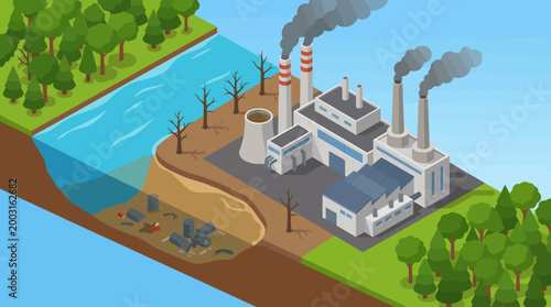 Bilde på lerret A stark contrast of industry versus nature, showcasing the environmental impact of pollution near a factory, emphasizing the urgent need for eco-conscious practices