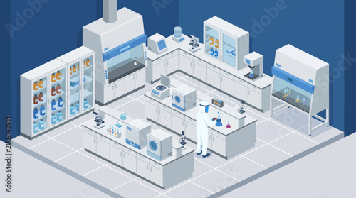 Fotografija A contemporary lab setting illustrated in isometric style, featuring various scientific equipment, a researcher in a lab coat, and a workspace for chemical analysis and experimentation
