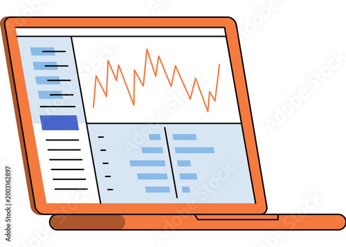 Laptop showing data analytics dashboard vector illustration. Financial reporting, stock market, business growth, digital marketing, software interface, statistics. Notebook computer displaying charts