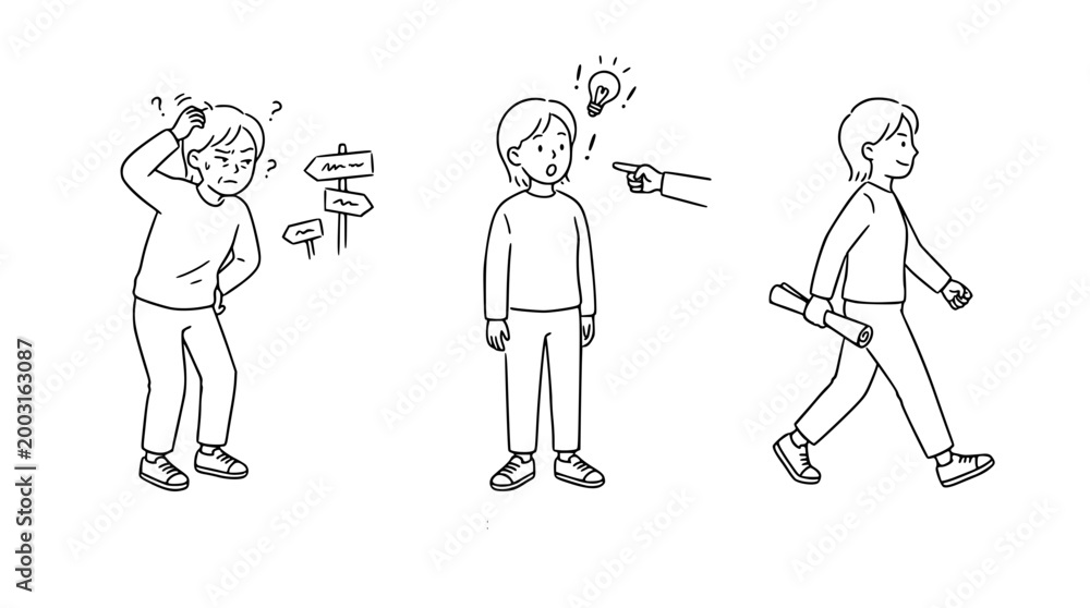 Naklejka premium Character experiences confusion before achieving a moment of clarity.