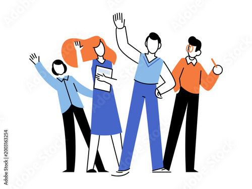 Four office employees standing together in a group vector illustration. Teamwork, startup, business, staff, success, career. Diverse workers posing as a corporate collective unit