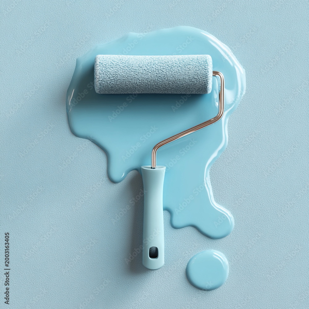 Obraz premium Paint roller with blue paint on textured surface home improvement dripping