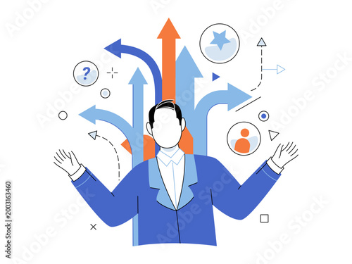 Businessman in suit before directional arrows vector illustration. Decision making, career growth, strategy, opportunity, guidance, choice. Corporate professional facing many paths