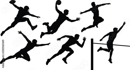 Black silhouette icons of athletes performing diverse sports activities including football, basketball, sprinting, jumping, and gymnastics movements