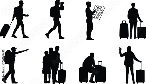 Black Silhouette Travelers with Luggage and Backpacks Depicting Tourism, Navigation, Exploration, and Departure Activities on White Background