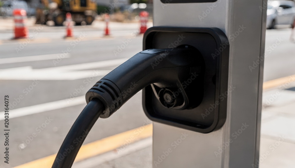 Fototapeta premium Focused capture of a curbside charging station with clear charging port and cable while construction equipment and lane markings remain out of focus.