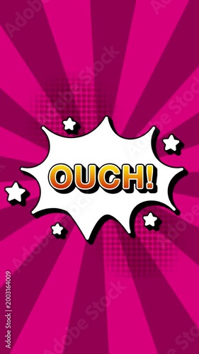 ouch text word lettering popup comic cartoon reveal with bomb and smoke explosion manga anime book page dots radial speed lines doodle pink background seamless loop vertical animation retro clip