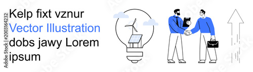 Renewable energy, sustainable business, eco-friendly solutions, innovation, teamwork, environmental growth. Two professionals shaking hands, lightbulb with solar panel and upward arrow. Renewable