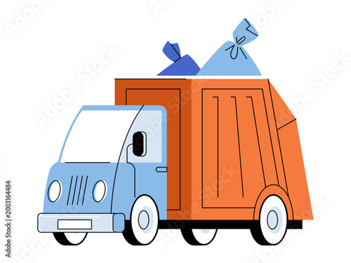 Garbage truck with trash bags vector illustration. Waste management, urban sanitation, recycling, city maintenance, cleanup, refuse collection. Sanitation vehicle hauling waste sacks