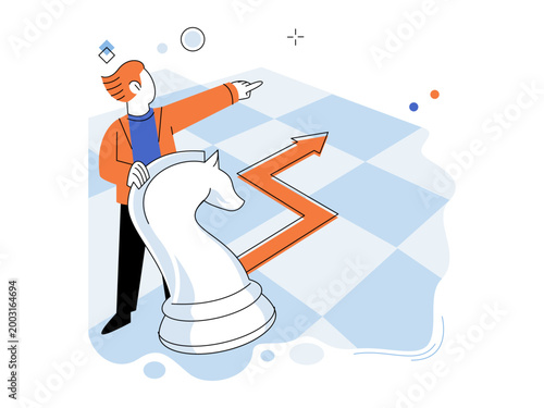 Businessman with large chess knight pointing at rising arrow vector illustration. Strategy planning, growth, leadership, success, tactics, competition. Professional man guiding a game piece