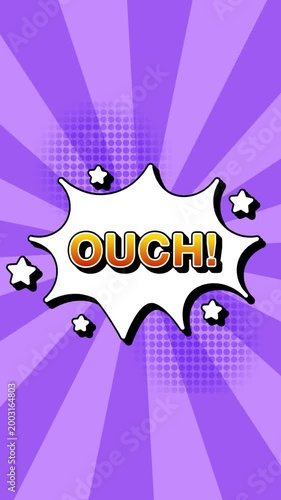 ouch text word lettering popup comic cartoon reveal with bomb and smoke explosion manga anime book page dots radial speed lines doodle lavender background seamless loop vertical animation retro clip