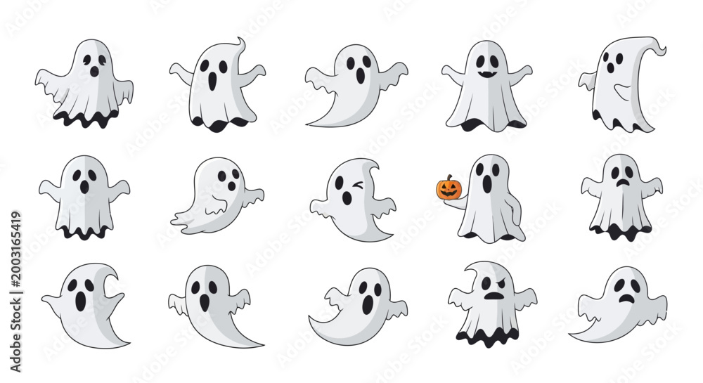 Fototapeta premium A Collection of Adorable and Spooky Cartoon Ghosts, Perfect for Halloween Themed Designs and Celebrations