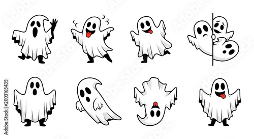 A vibrant set of playful cartoon ghost illustrations, each with unique expressions and poses, perfect for cheerful Halloween designs, bringing a friendly spooky vibe