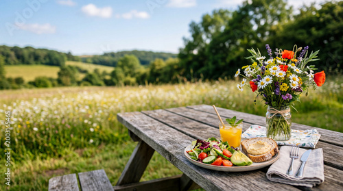 Fresh rural lunch on a wooden picnic table with wildflowers, healthy food, drink, against a scenic meadow view. Spring concept