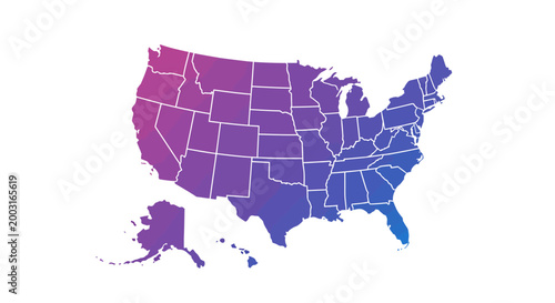 Map of the United States with a gradient color overlay, illustrating all 50 states and Alaska and Hawaii