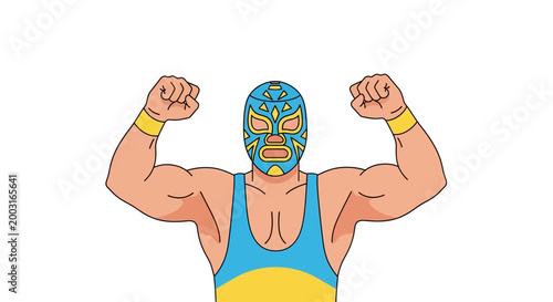 Wrestler with mask flexing muscles, blue and yellow design, concept of strength and competition