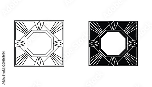 Art deco geometric square border frame with sunburst elements for vintage graphic design