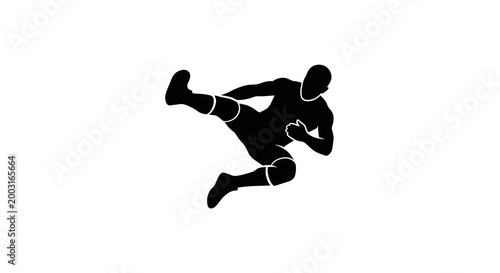 Dynamic silhouette of a powerful martial artist performing a mid-air high kick, embodying agility, strength, and focus in combat sports training