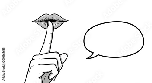 Graphic illustration of a hand performing a shush gesture with a finger on lips, accompanied by an empty speech bubble, representing silence, secrets, and unspoken messages