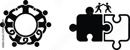 Teamwork icon set collaboration puzzle pieces people vector illustration