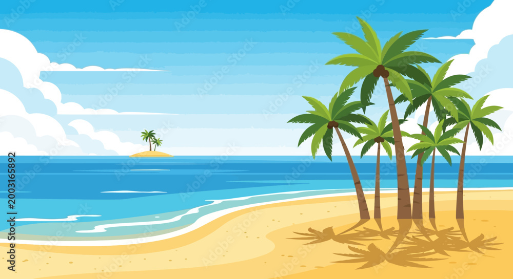 Fototapeta premium Tropical beach with palm trees and a distant island.