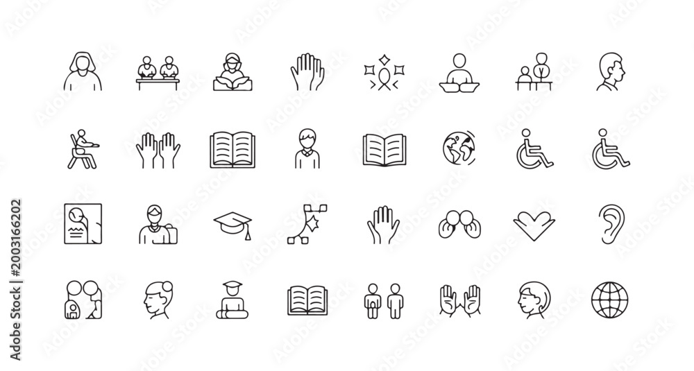 Fototapeta premium Education and Social Inclusion Line Icon Set