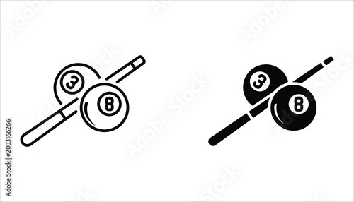 Billiard icon set. Billiard ball and stick symbol. Vector illustration for web design, isolated on white background.