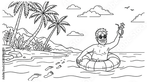 Coloring page of elderly man floating in inner tube while holding summer cocktail at beach.
