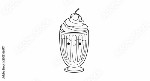 Whimsical cartoon milkshake with whipped cream, cherry, and happy face