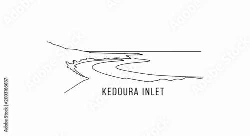 Winding inlet flowing from land into the ocean, minimalist line art