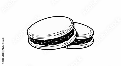 Two stylised monochrome round layered sweet pastries with filling
