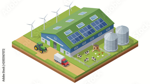 This image depicts a modern farm featuring wind turbines, solar panels, and livestock, highlighting sustainable agricultural practices and renewable energy solutions.