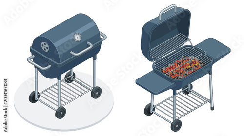 This image features a contemporary gas barbecue grill with an open lid, showcasing deliciously cooked kebabs, perfect for outdoor gatherings and culinary delights.