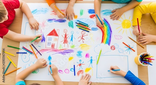 Group of children drawing together on a large sheet of paper, creating a colorful artwork with a house, family, and rainbow