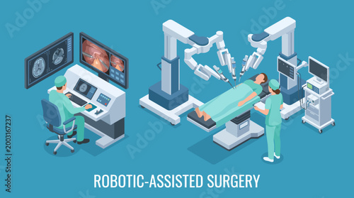 This digital illustration of robotic-assisted surgery highlights advanced medical technology and innovative healthcare solutions, showcasing the future of surgical practices and patient care globally